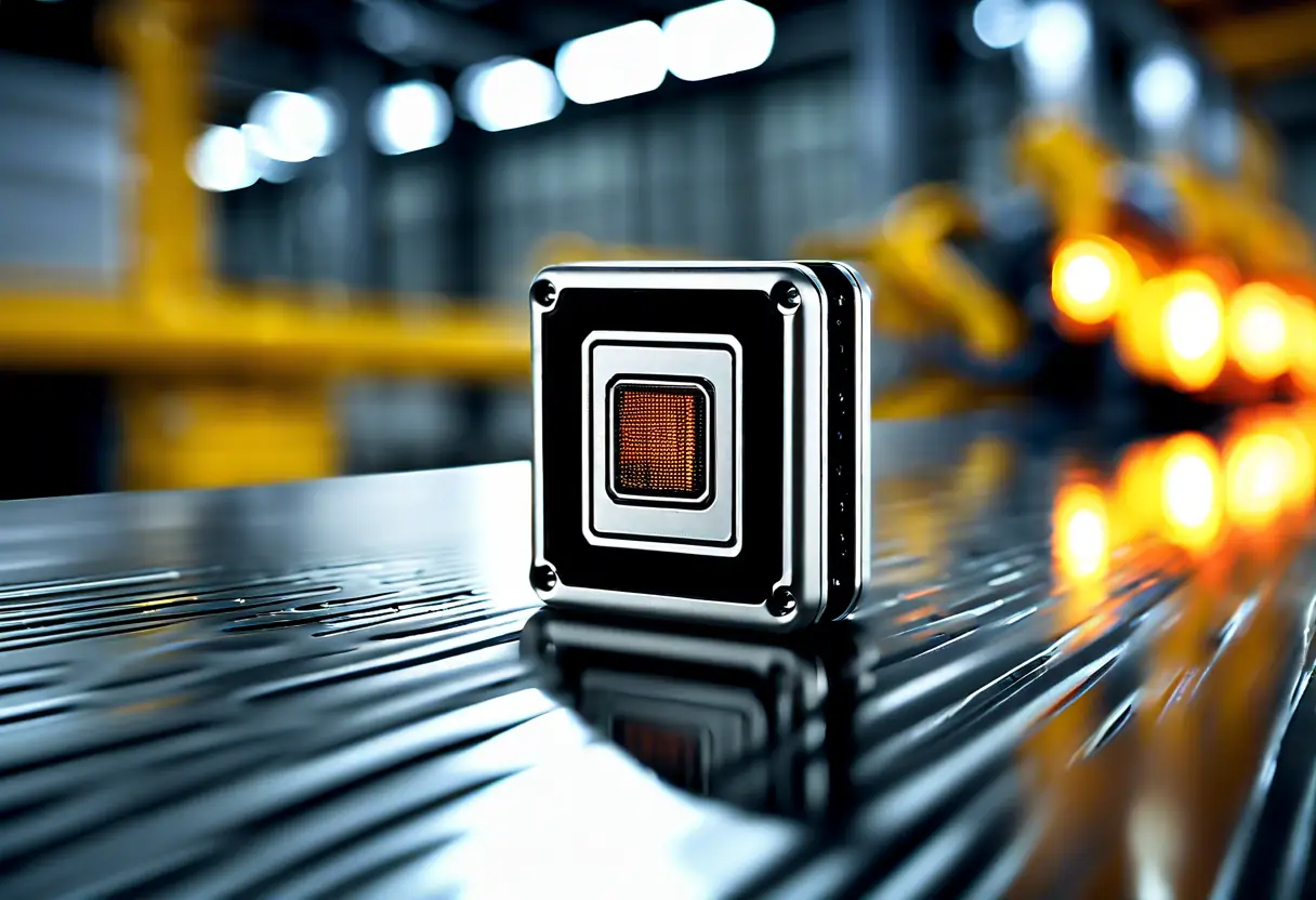 A close-up of a compact proximity sensor installed in a factory setting, showcasing its design.